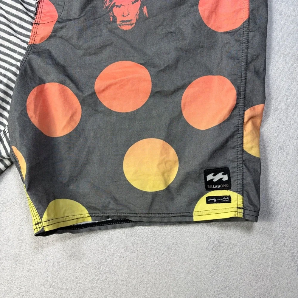 Billabong Andy Warhol Board Shorts Mens 38 Gray Pink Polka Dot Striped Trunks